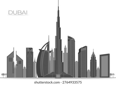 Highly detailed skyline of Dubai showcasing a dense urban composition with layered skyscrapers including Burj Khalifa and Burj Al Arab. This design emphasizes depth, architectural diversity, and realistic skyline flow, making it suitable for premium travel branding, editorial use, and large-format prints.