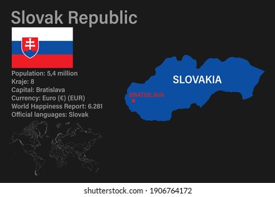 Highly detailed Slovakia map with flag, capital and small map of the world