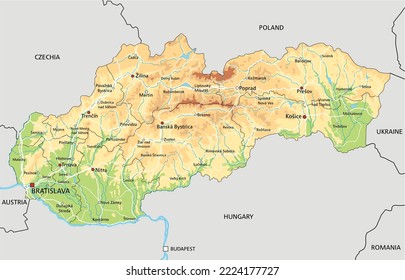 Highly detailed Slovakia physical map with labeling.