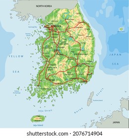 Highly detailed South Korea physical map with labeling.