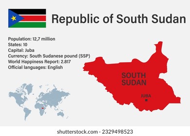 Highly detailed South Sudan map with flag, capital and small map of the world