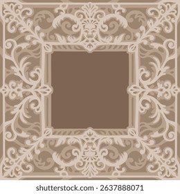Highly detailed square baroque frame with grotesque mask, multilayer decorative vector for laser cut, vintage wall art design