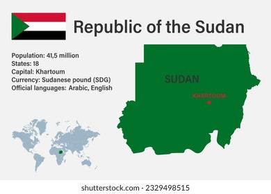 Highly detailed Sudan map with flag, capital and small map of the world