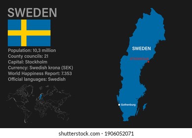Highly detailed Sweden map with flag, capital and small map of the world