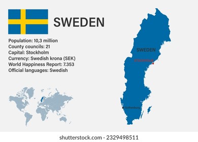 Highly detailed Sweden map with flag, capital and small map of the world