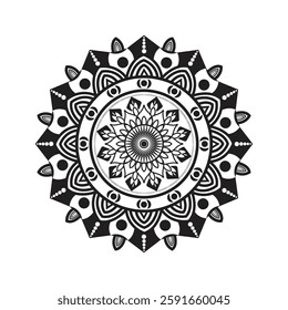 A highly detailed, symmetrical black and white mandala design with intricate floral and geometric patterns.