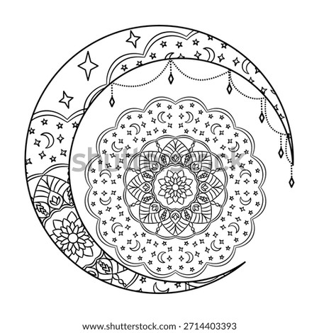 Highly detailed and symmetrical circular mandala design featuring repeating patterns of crescent moons and stars interwoven with floral elements.