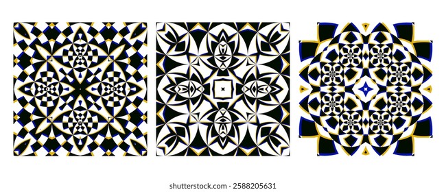 Highly detailed symmetrical pattern set with optical illusion effects. Bold contrasts of black, blue, and gold create a mesmerizing abstract design. Ideal for wallpapers, prints, and branding.