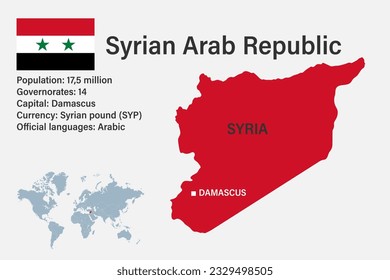 Highly detailed Syria map with flag, capital and small map of the world