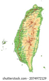 Highly detailed Taiwan physical map with labeling.