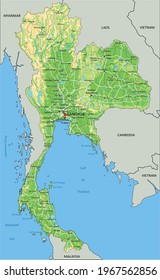 Highly detailed Thailand physical map with labeling.