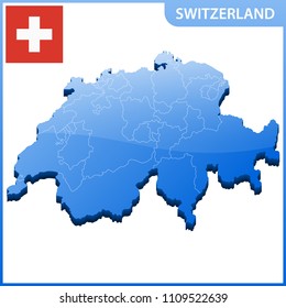 Highly detailed three dimensional map of Switzerland. Administrative division.