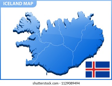 Highly detailed three dimensional map of Iceland with regions border