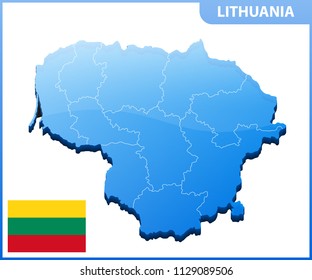 Highly detailed three dimensional map of Lithuania with regions border