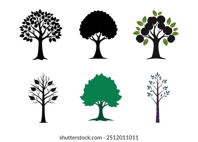 Highly Detailed Tree Silhouette Vector Icon Set with a White Background" is a collection of intricately designed tree silhouettes presented as vector icons.