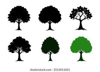 Highly Detailed Tree Silhouette Vector Icon Set with a White Background" is a collection of intricately designed tree silhouettes presented as vector icons.