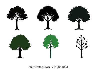 Conjunto de iconos de Vector de silueta de árbol altamente detallado con un fondo blanco" es una colección de siluetas de árbol intrincadamente diseñadas presentadas como iconos vectoriales.