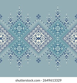 A highly detailed tribal design featuring fine diamond patterns and ornamental extensions in blue and grey shades.