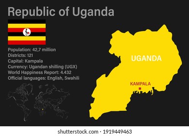 Sehr detaillierte Uganda-Karte mit Flagge, Hauptstadt und kleiner Weltkarte