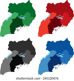 Highly detailed Uganda political map in four different color. Isolated, editable.