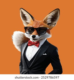 a highly detailed, ultra high-resolution illustration of a debonair fennec fox donning a sleek black suit, crisp white shirt, trendy black sunglasses with silver frames, and a vibrant red bowtie