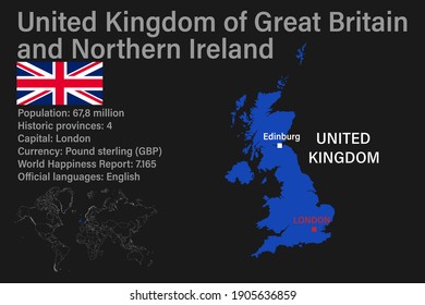 Highly detailed United Kingdom map with flag, capital and small map of the world
