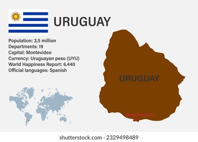 Highly detailed Uruguay map with flag, capital and small map of the world