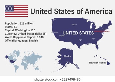 Mapa muy detallado de EEUU con bandera, capital y pequeño mapa del mundo