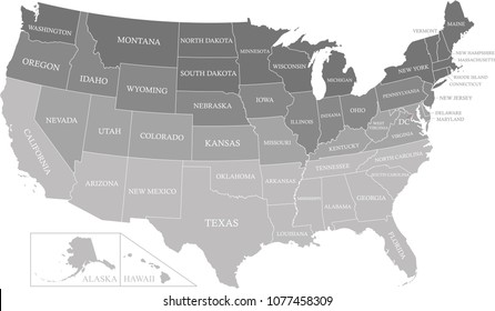 Highly detailed USA map vector outlines with states labeled illustration background. Creative map of United States of America with states names 