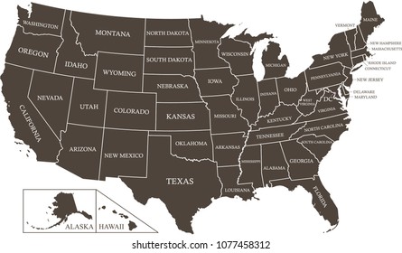 Highly detailed USA map vector outlines with states labeled illustration background. Creative map of United States of America with states names 