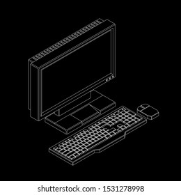 Highly detailed vector contour of a monitor, keyboard and a mouse