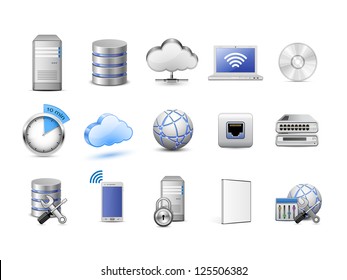 Highly detailed vector icons. Servers, databases, network devices and cloud computing concept