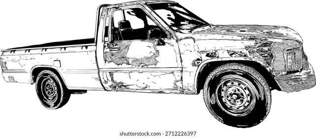 Ilustración vectorial altamente detallada de una camioneta clásica y resistente a la intemperie que muestra pintura oxidada y afligida. Perfecto para diseños de estilo de vida vintage, garaje, retro o al aire libre. Dibujado a mano, no AI.