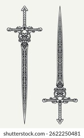 Ilustração vetorial altamente detalhada de uma espada medieval decorativa com padrões intrincados e motivos de crânio. Perfeito para desenhos históricos, de fantasia ou de tatuagem.