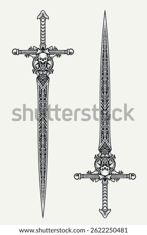 Highly detailed vector illustration of a decorative medieval sword featuring intricate patterns and skull motifs. Perfect for historical, fantasy, or tattoo designs.
