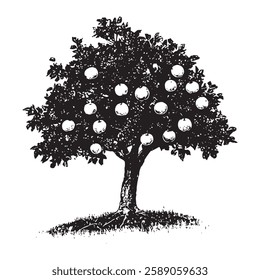 highly detailed vector illustration of a fruit tree with apples in vintage engraving style, ideal for agricultural, botanical, and organic farm-themed designs