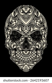 A highly detailed vector illustration of a human skull adorned with complex, swirling patterns reminiscent of a mandala, on a black background.
