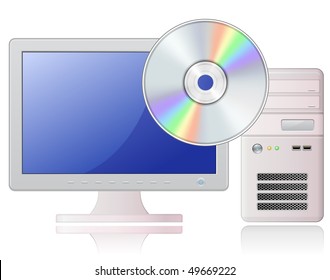 Ilustración vectorial muy detallada de la computadora de escritorio gris claro y el disco CD/DVD