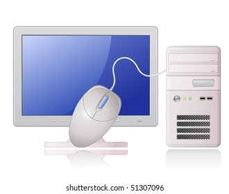Ilustración vectorial muy detallada de Light Grey Desktop Computer y mouse de computadora