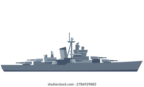 A highly detailed vector illustration of a modern naval battleship or destroyer warship. Features geometric decks, radar masts, and artillery gun turrets, isolated completely on a crisp white background. Excellent for naval history graphics, armed forces defense themes, and military technology strategy layouts.
