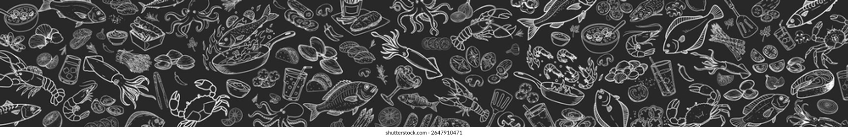 Highly detailed vector illustration. Mussels, crabs, squid and vegetables are hand-drawn. Suitable for menu design.