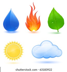 Highly detailed vector illustration of nature symbols.  Blue water drop, red fire, green leaf, sun and cloud.