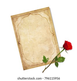 Highly detailed vector illustration of old blank paper script with curly oriental ornament and space for text with elegant red rose lying on it isolated on white background. Vintage love mail.