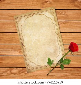 Highly detailed vector illustration of old blank paper script with curly oriental ornament, space for text and elegant red rose on wooden background. Vintage love mail, invitation, greeting card.