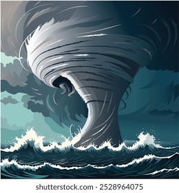 A highly detailed vector illustration of a tornado over the sea, ideal for branding, educational materials, or custom designs. Fully editable to fit a variety of creative projects