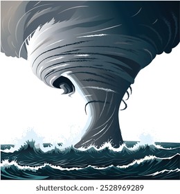 A highly detailed vector illustration of a tornado over the sea, ideal for branding, educational materials, or custom designs. Fully editable to fit a variety of creative projects