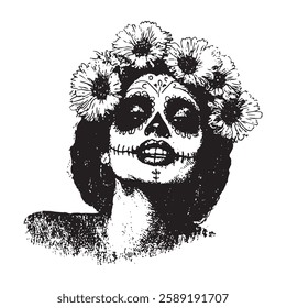 highly detailed vector illustration of a woman with a sugar skull face painting and floral crown in vintage engraving style, ideal for day of the dead, gothic, and tattoo-themed designs