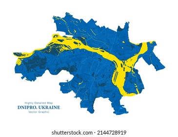Highly Detailed Vector Map Of City Dnipro Ukraine In Patriotic National Yellow Blue Colours Isolate On White Background. City Transport System Includes Grouped Map Features Roads And Water Objects