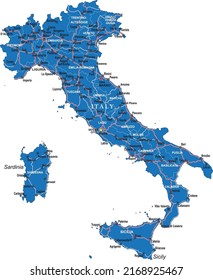 Highly detailed vector map of Italy with administrative regions,main cities and roads.