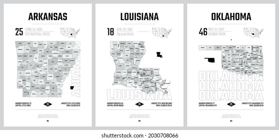 Highly detailed vector silhouettes of US state maps, Division United States into counties, political and geographic subdivisions, West South Central - Arkansas, Louisiana, Oklahoma - set 12 of 17